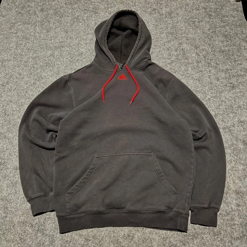 Adidas Center Logo Hoodie Black Red Drawstring Pullover Skater Y2K Size‎ Large